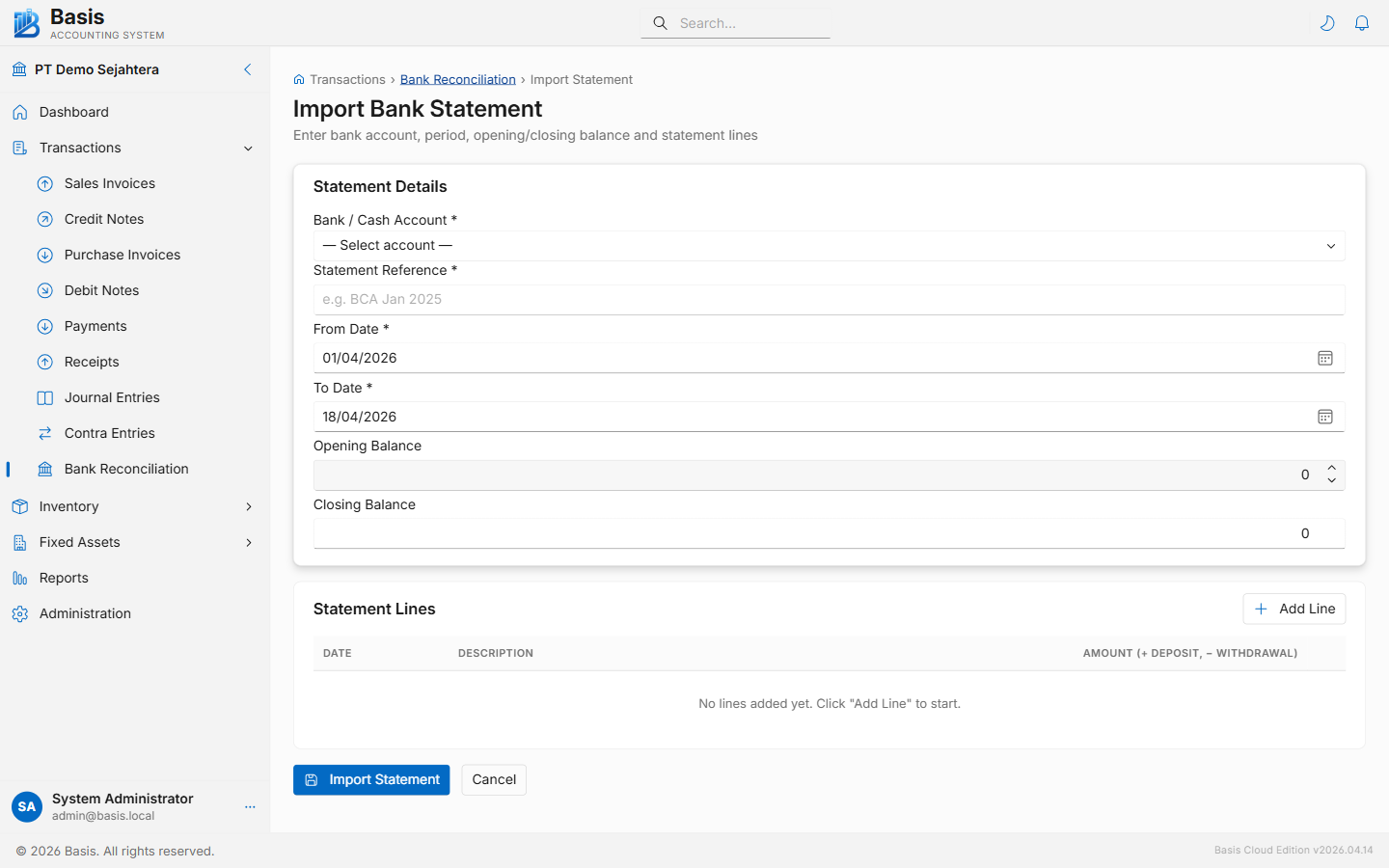 Bank reconciliation import