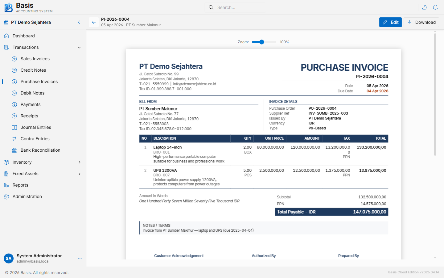 Purchase invoices preview