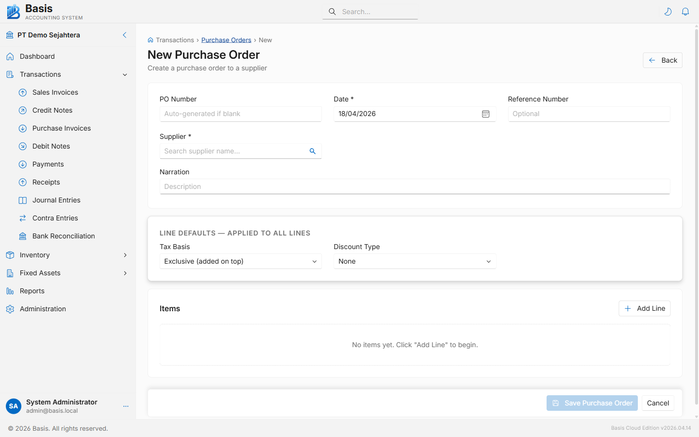 Purchase orders form